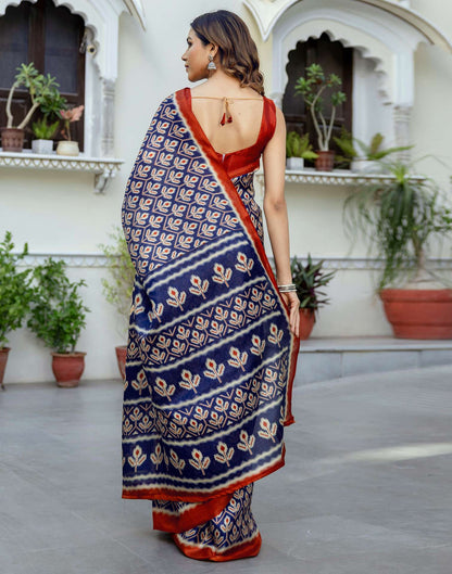 Navy Blue Khadi Printed Saree