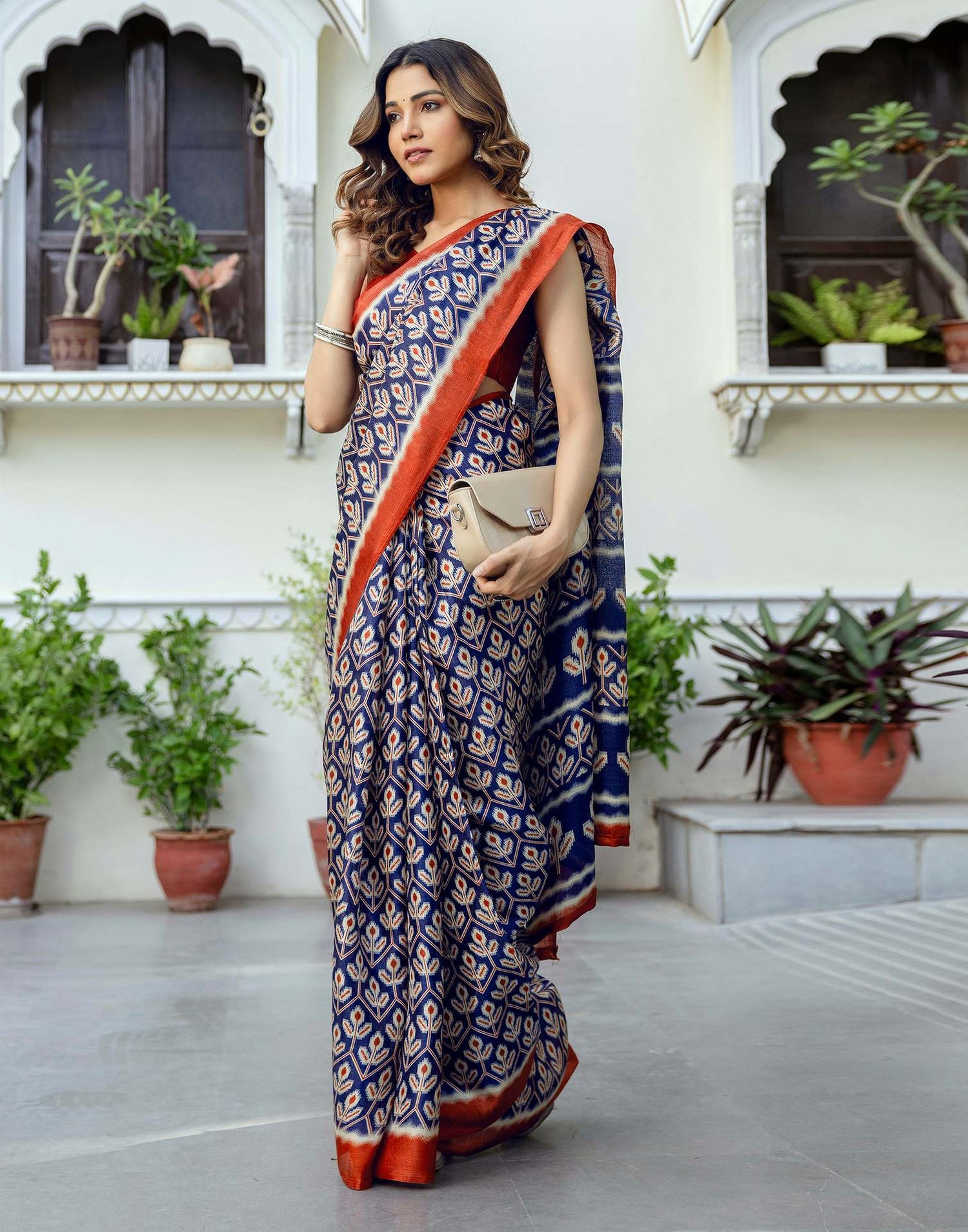 Navy Blue Khadi Printed Saree