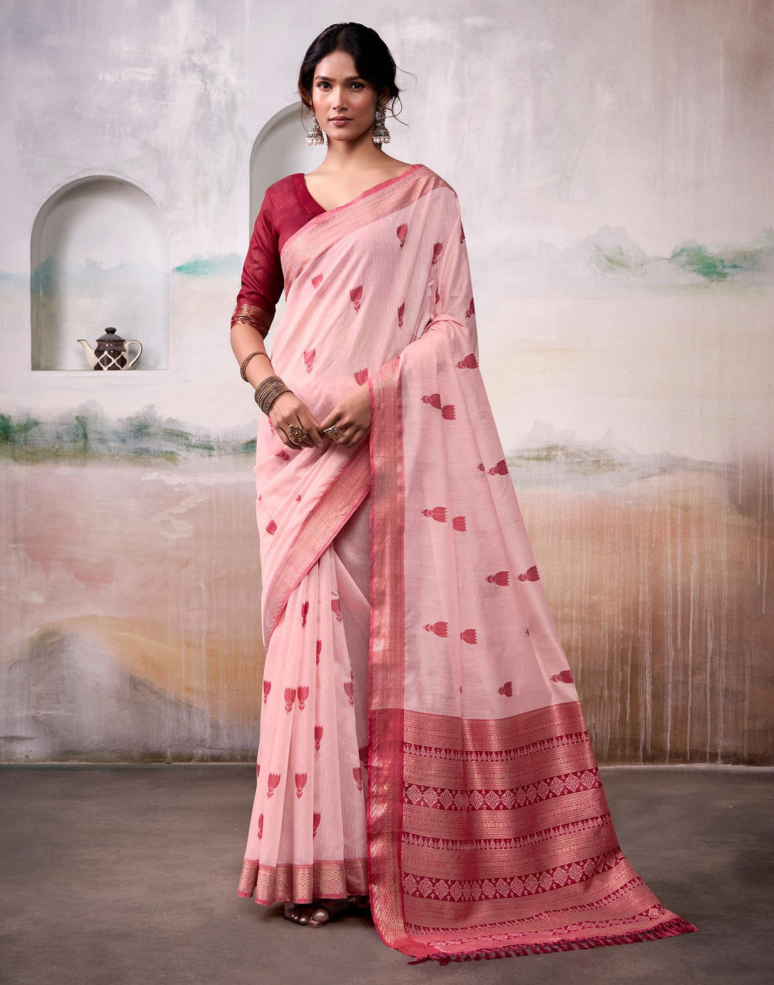 Pink Cotton Woven Saree