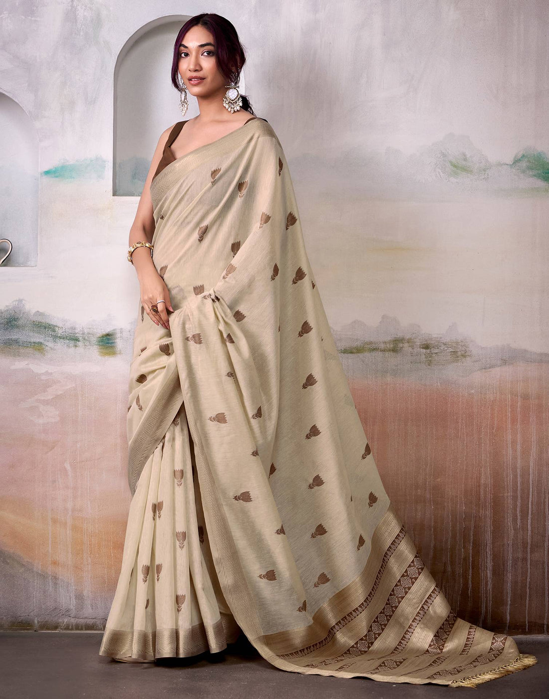 Beige Cotton Woven Saree
