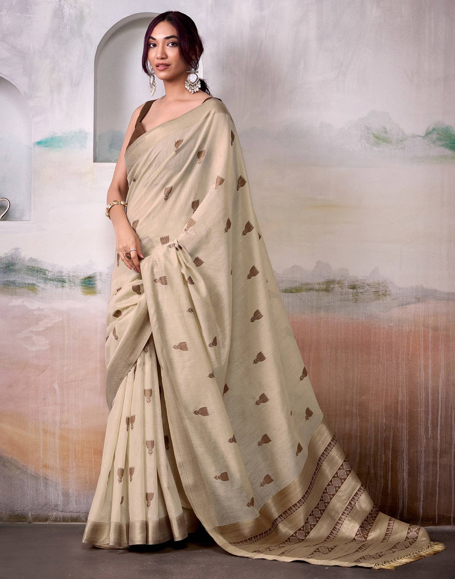Beige Cotton Woven Saree