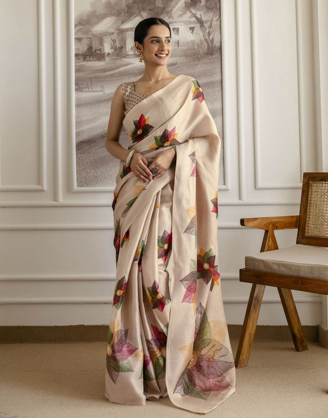 Dark Beige Khadi Printed Saree