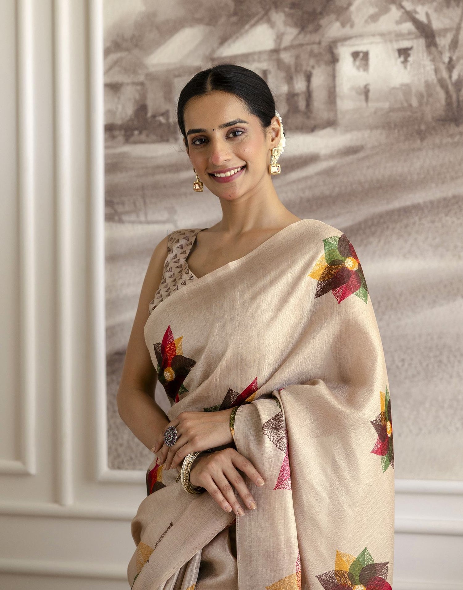 Dark Beige Khadi Printed Saree