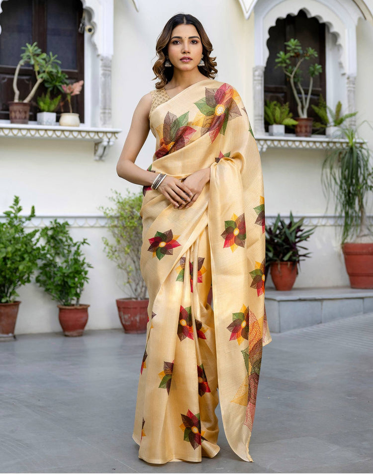 Cream Khadi Printed Saree