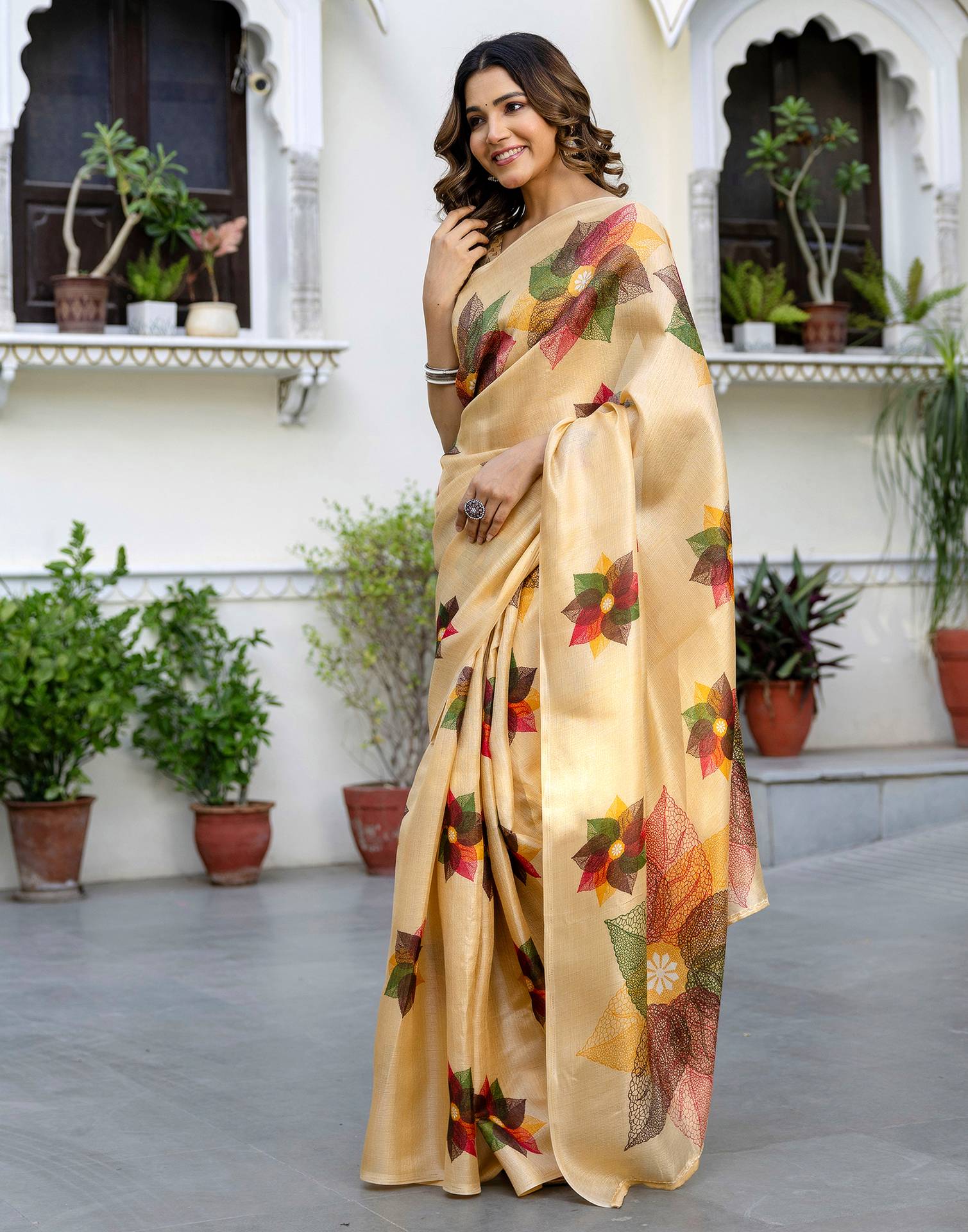 Pale Yellow Khadi Printed Saree