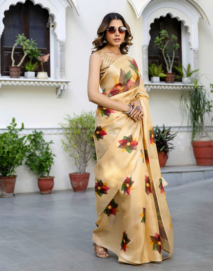 Pale Yellow Khadi Printed Saree