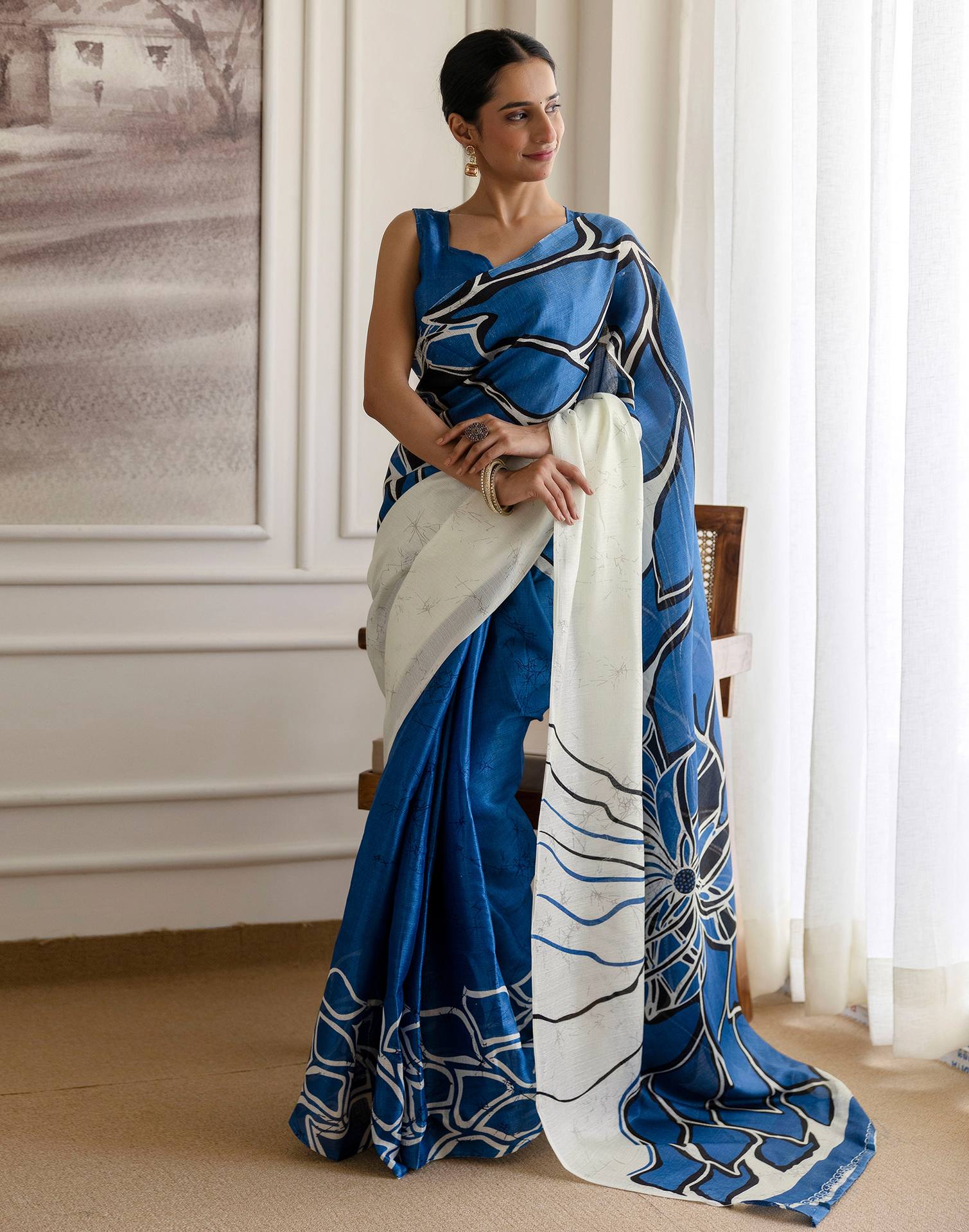 Blue Khadi Printed Saree
