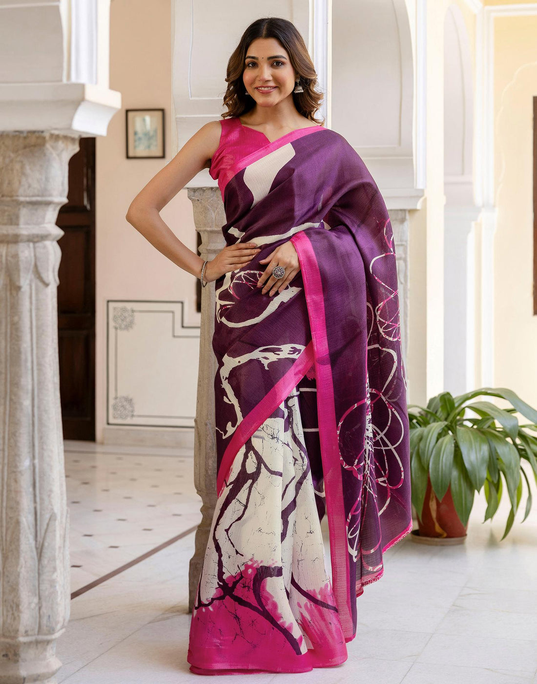 Dark Purple Khadi Printed Saree