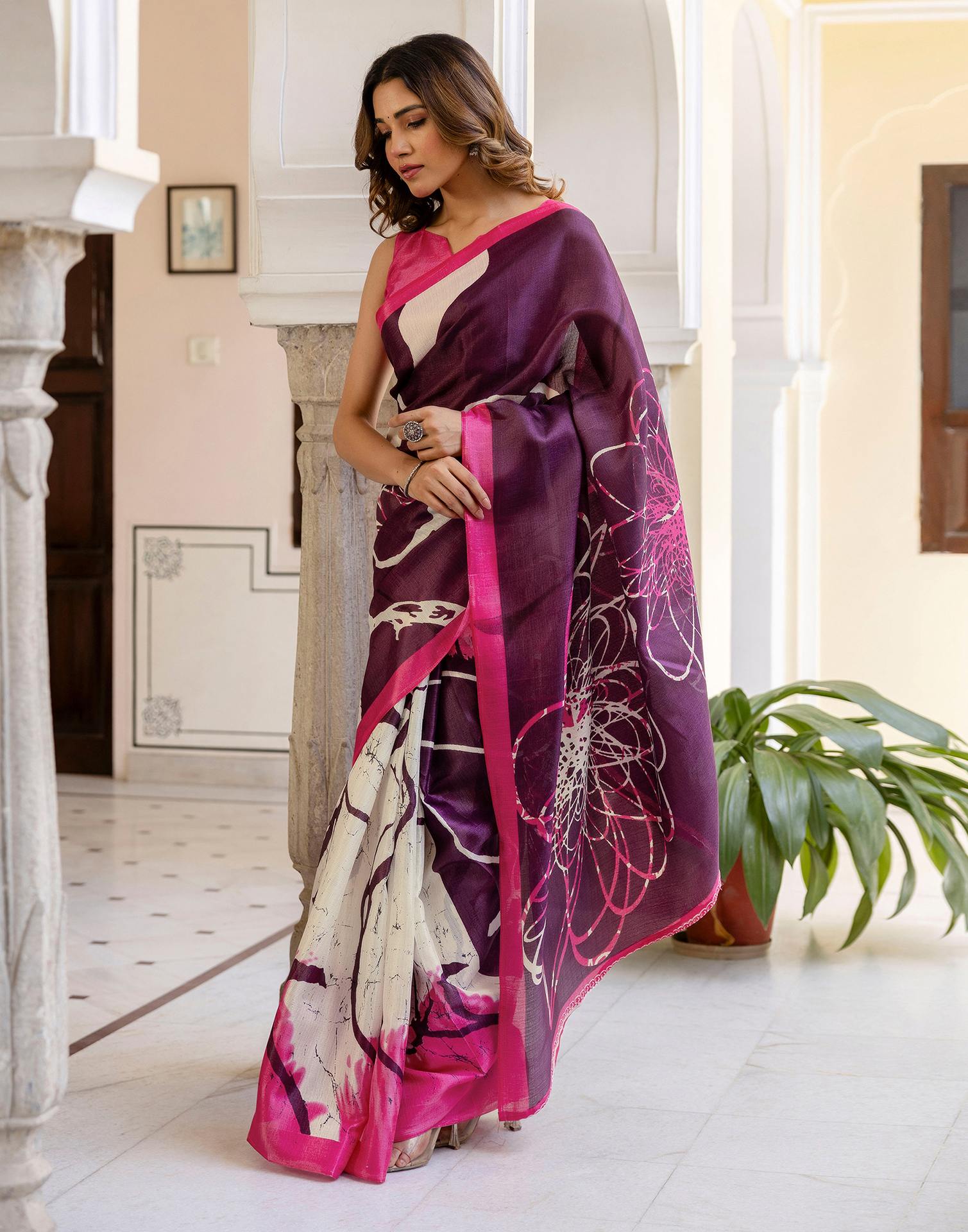 Dark Purple Khadi Printed Saree