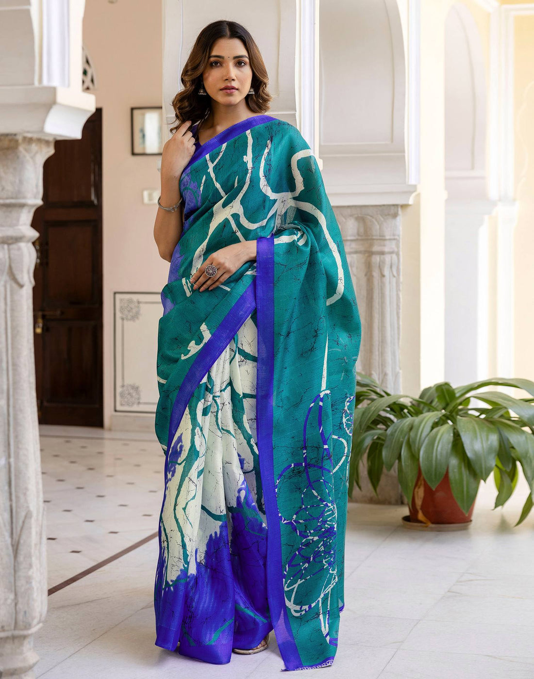 Teal Green Khadi Printed Saree