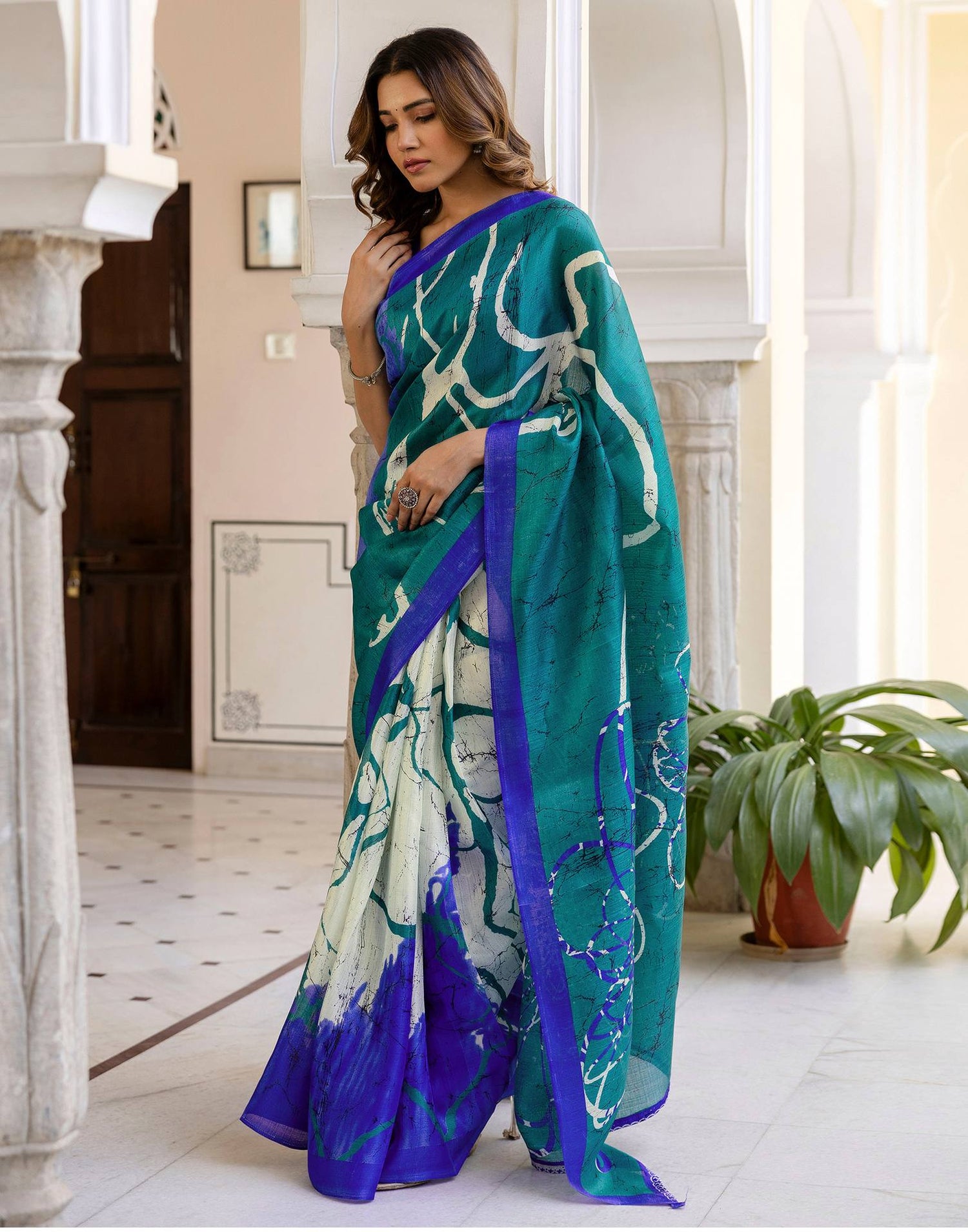 Teal Green Khadi Printed Saree