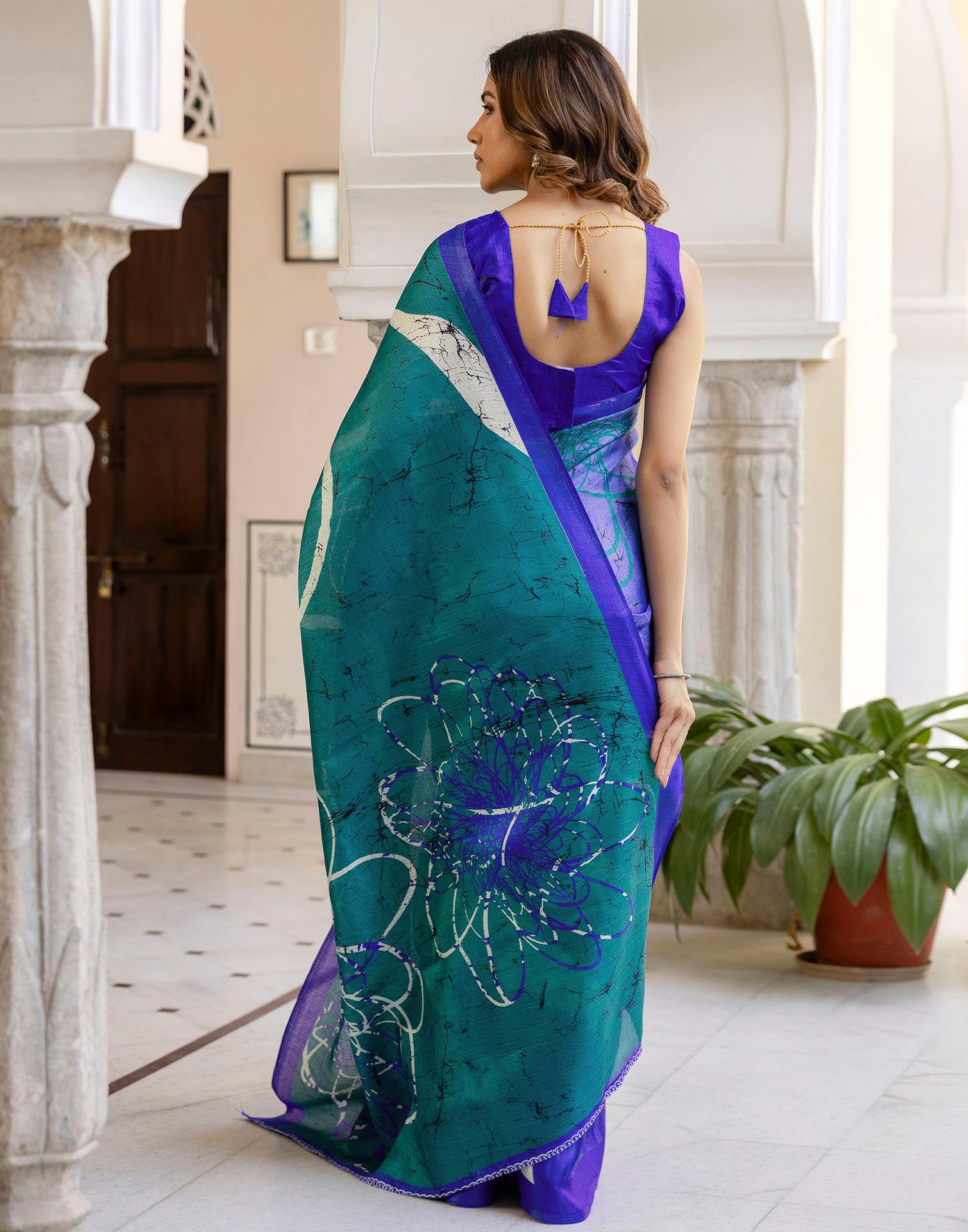 Teal Green Khadi Printed Saree