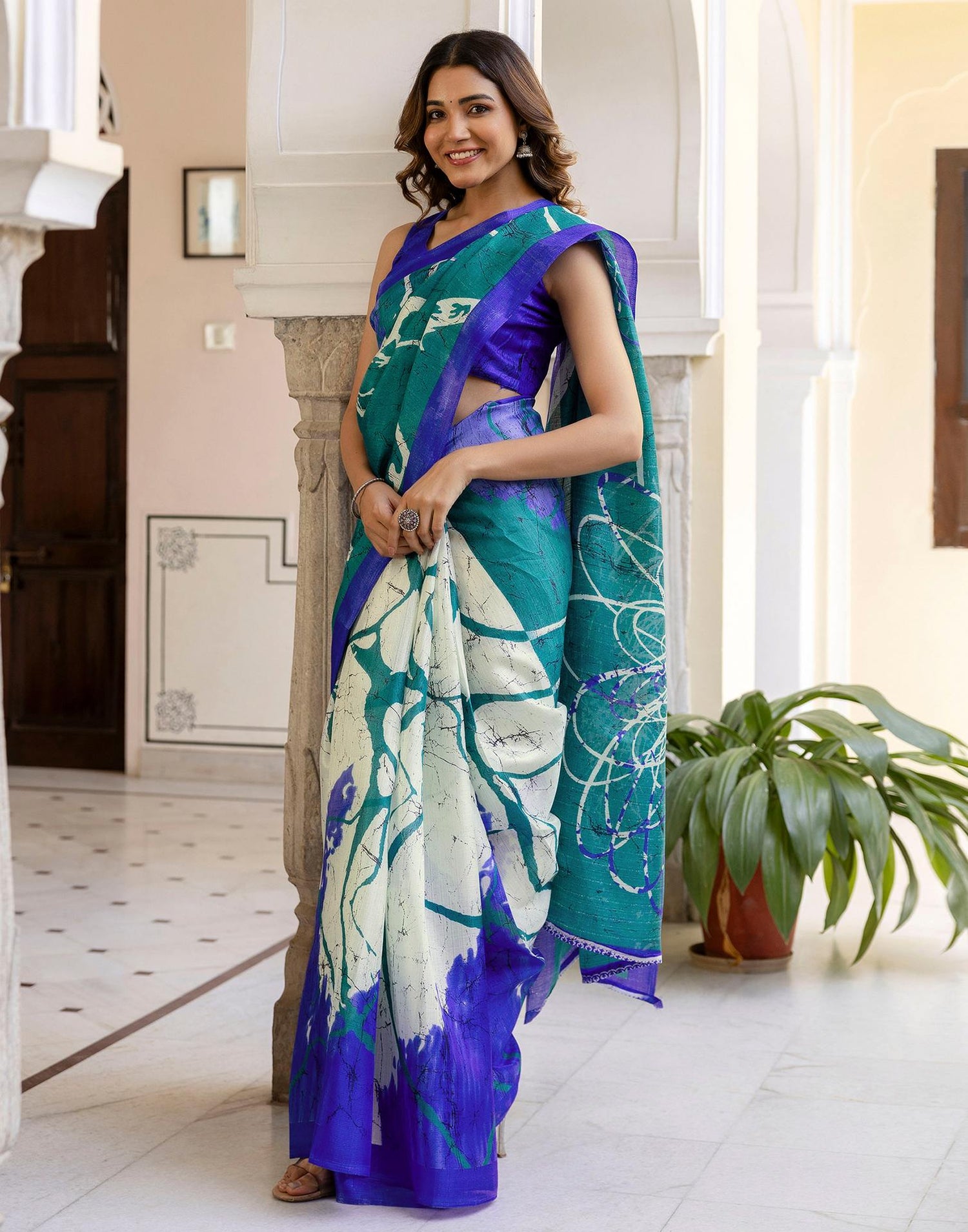 Teal Green Khadi Printed Saree