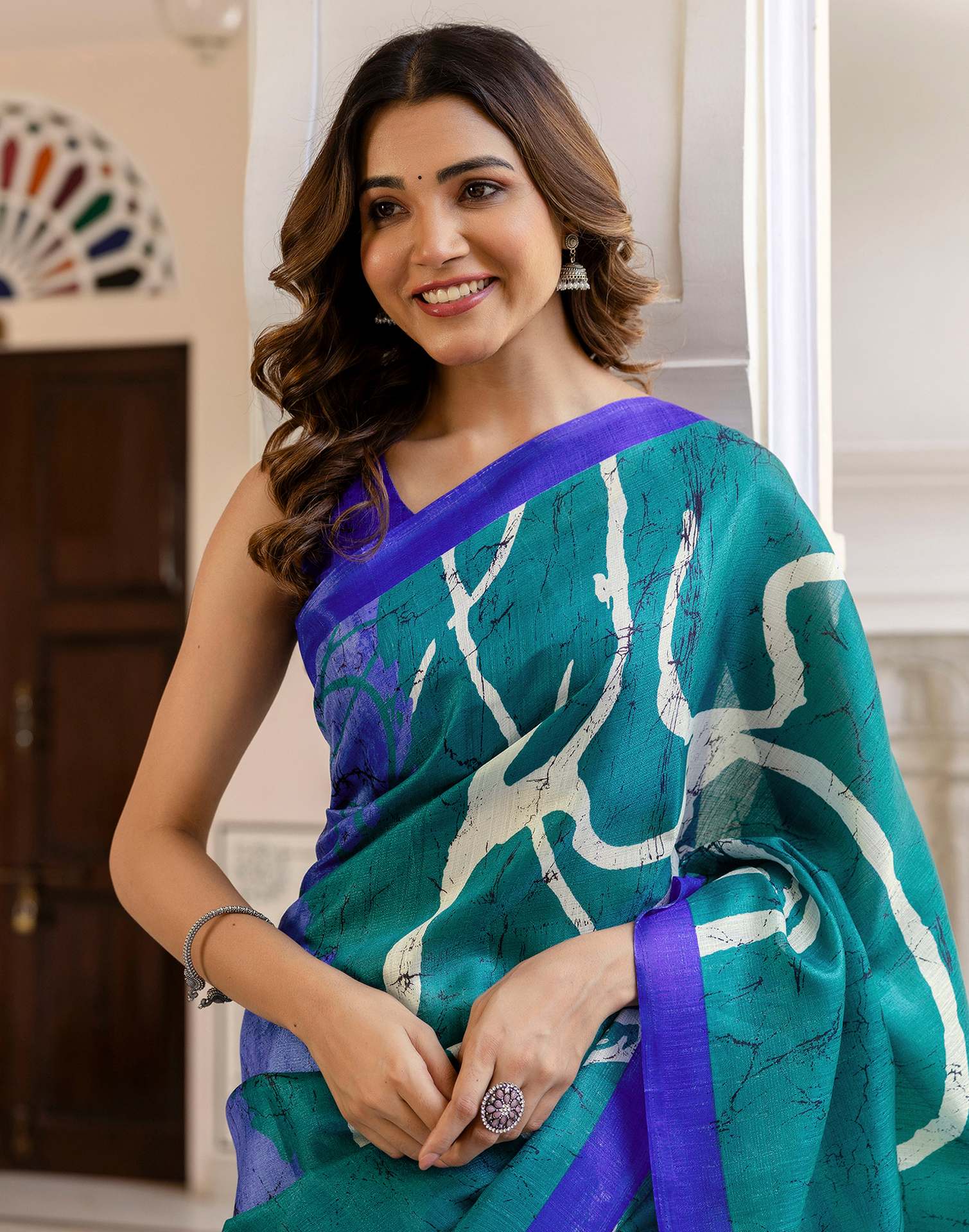 Teal Green Khadi Printed Saree