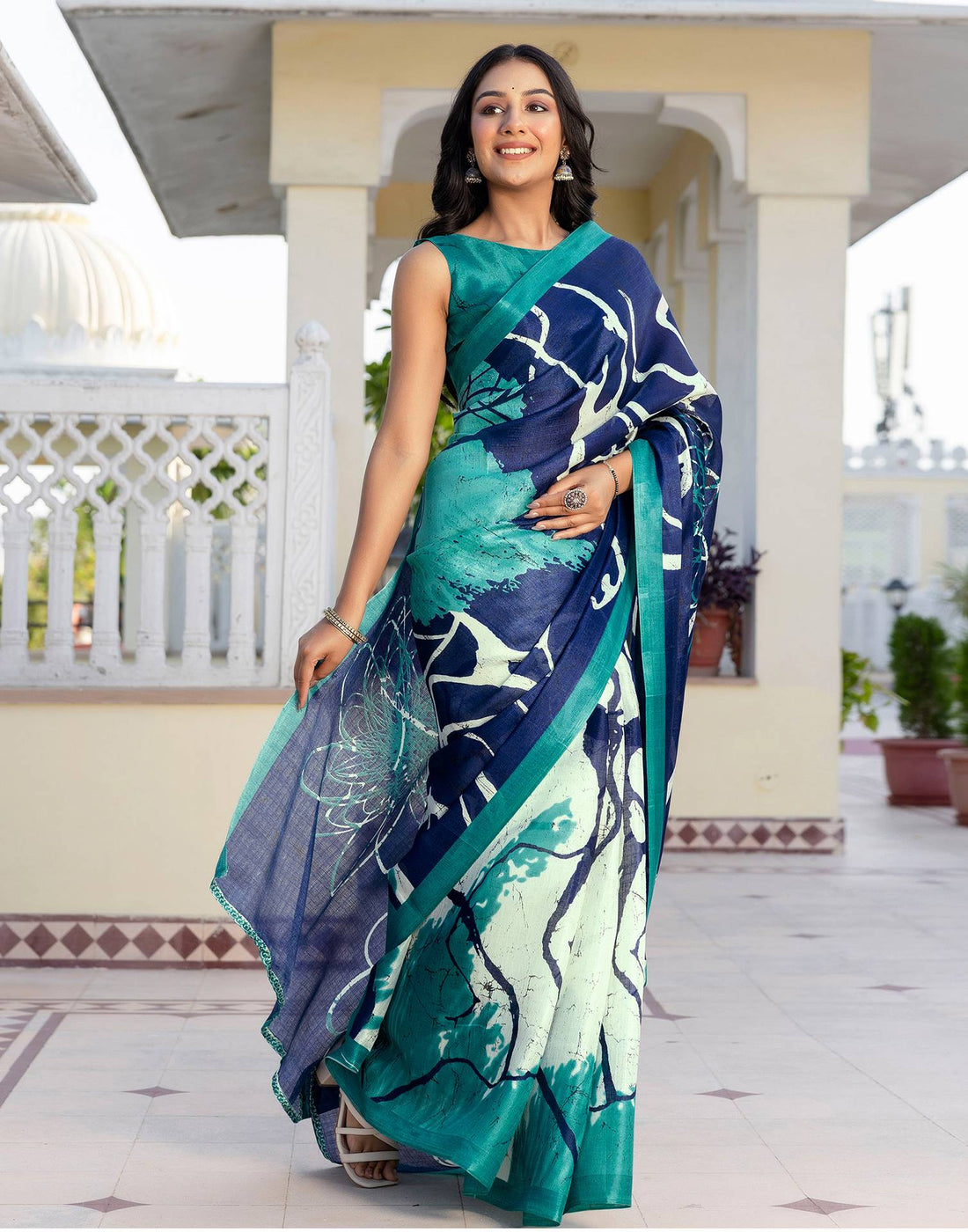 Navy Blue Khadi Printed Saree