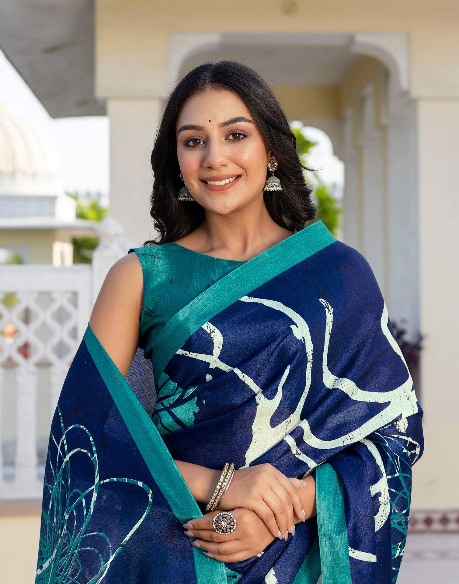 Navy Blue Khadi Printed Saree