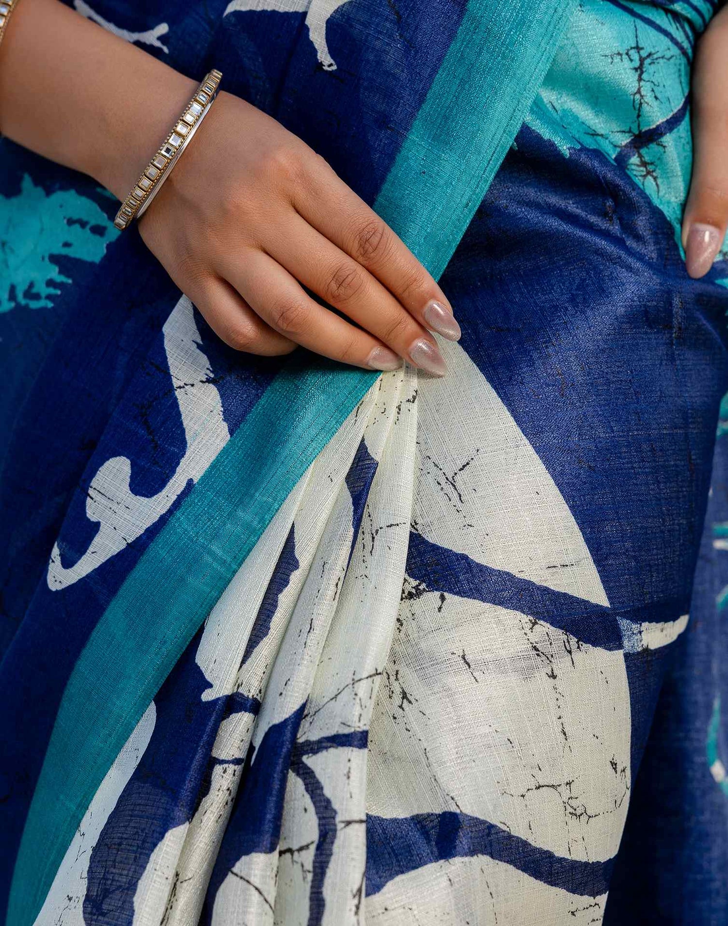 Navy Blue Khadi Printed Saree
