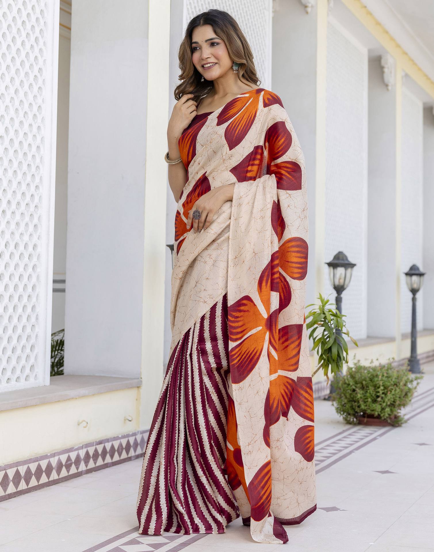 Cream Khadi Printed Saree