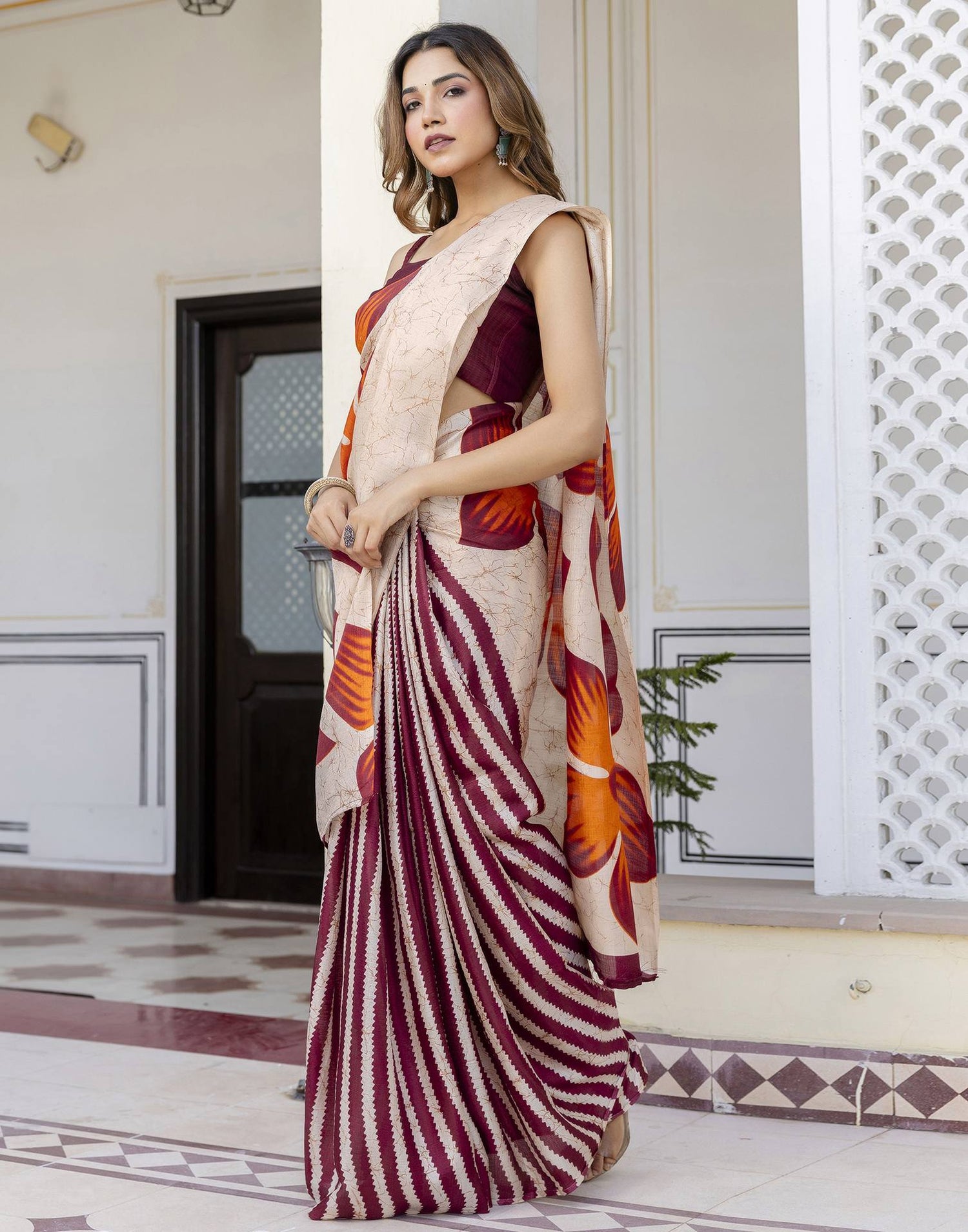 Cream Khadi Printed Saree