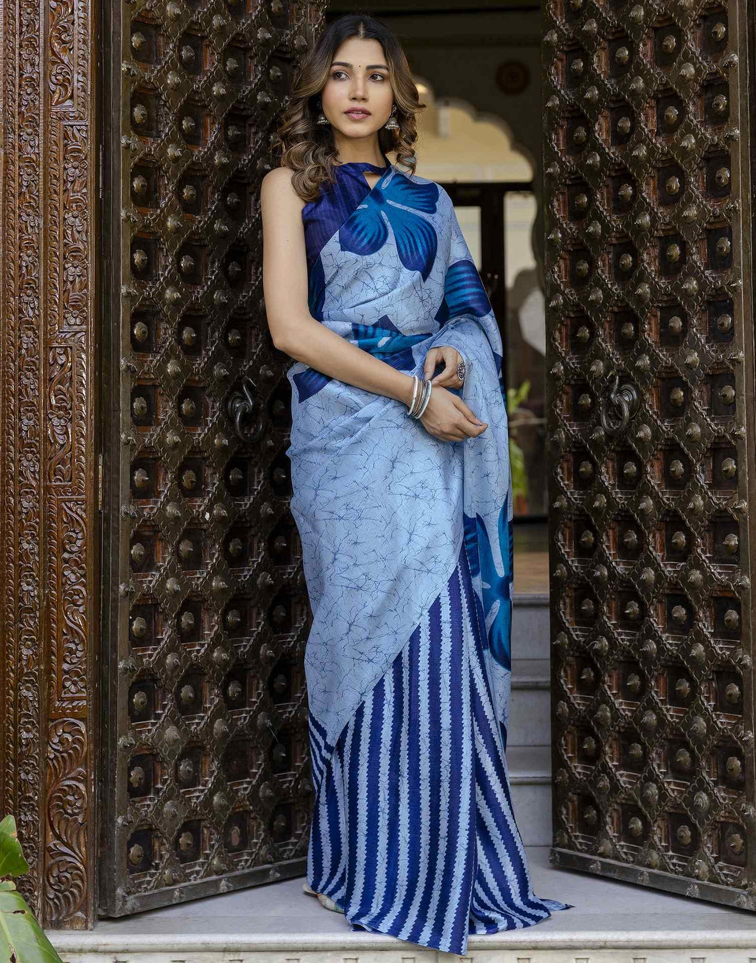Sky Blue Khadi Printed Saree
