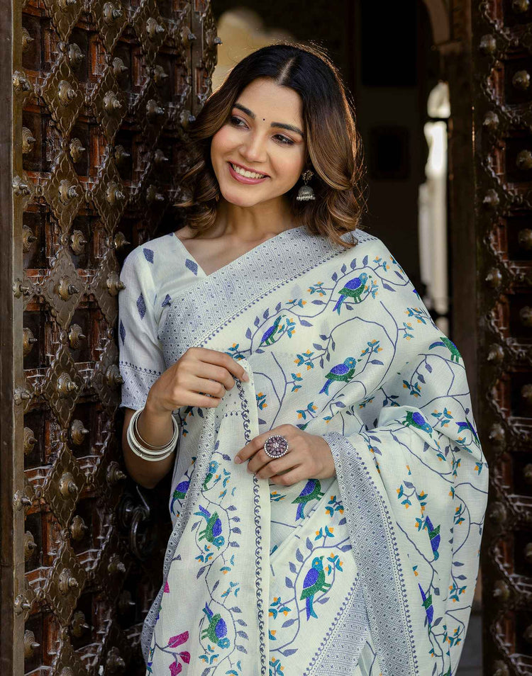 Off White Khadi Printed Saree