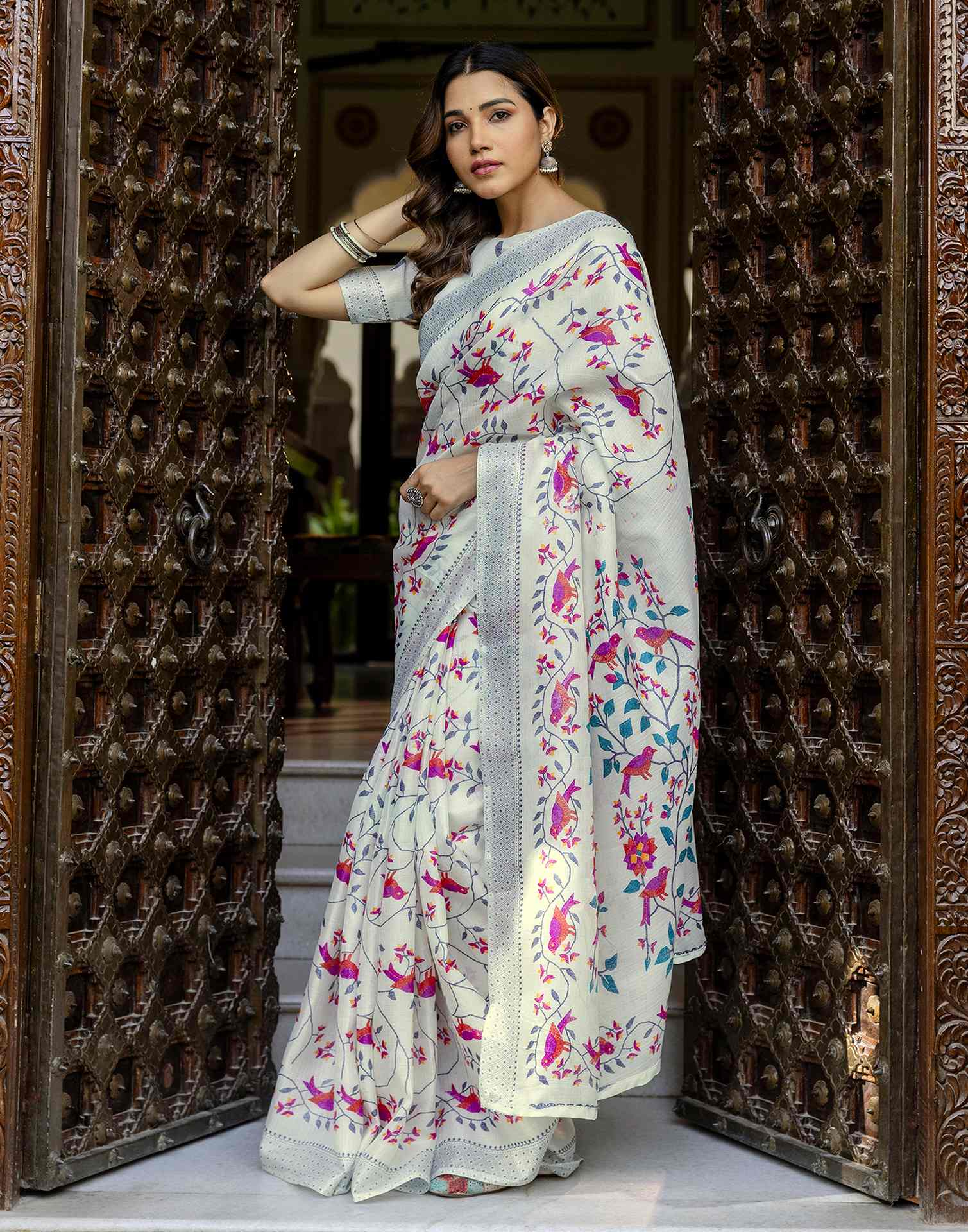 Off White Khadi Printed Saree