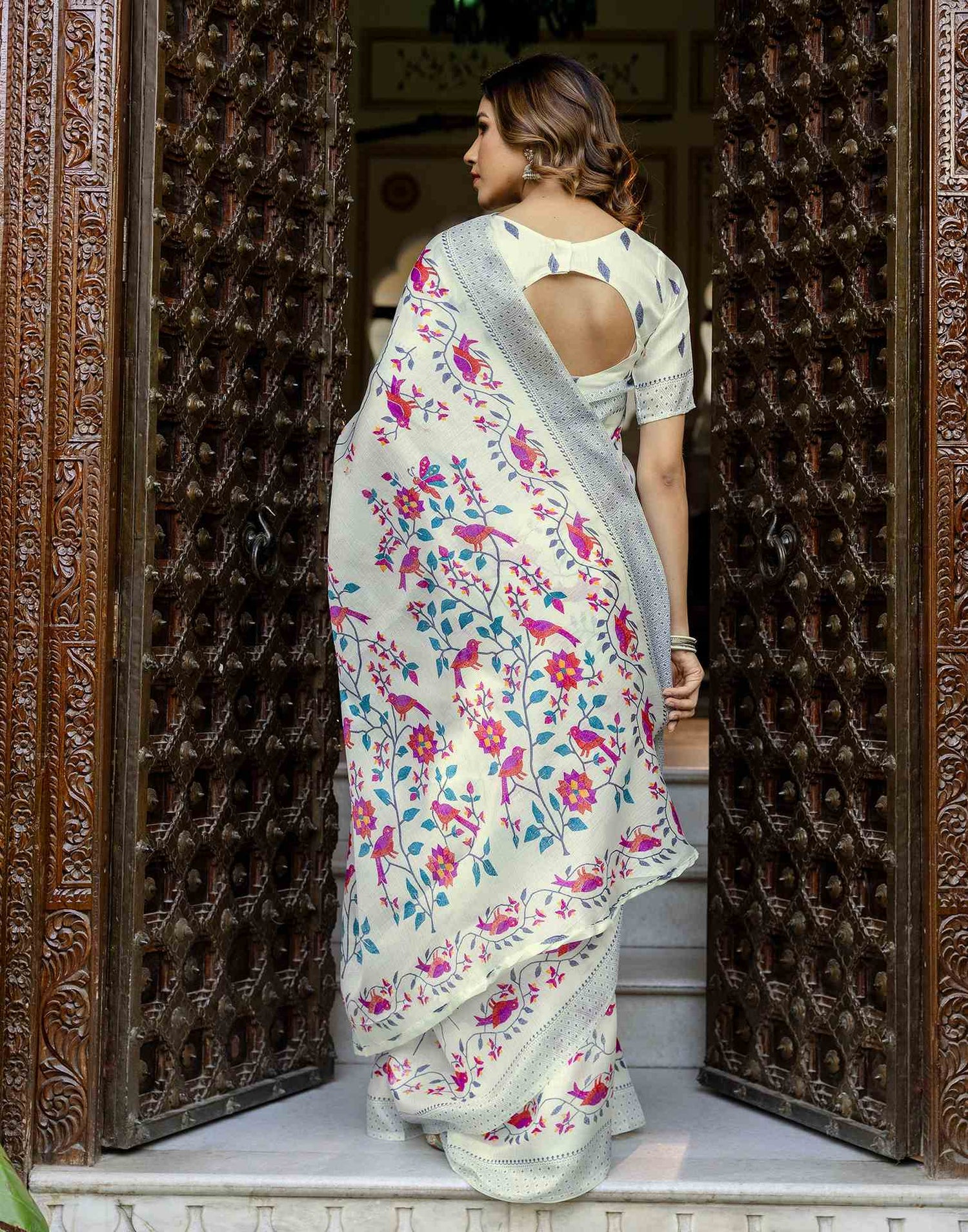 Off White Khadi Printed Saree