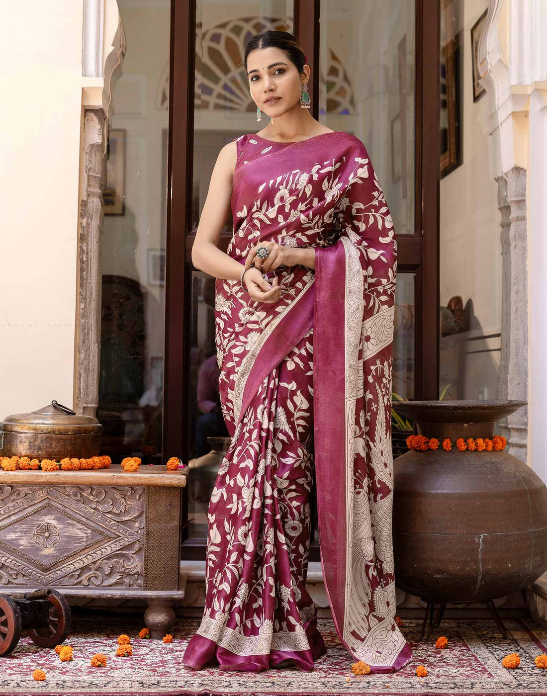 Wine Khadi Printed Saree