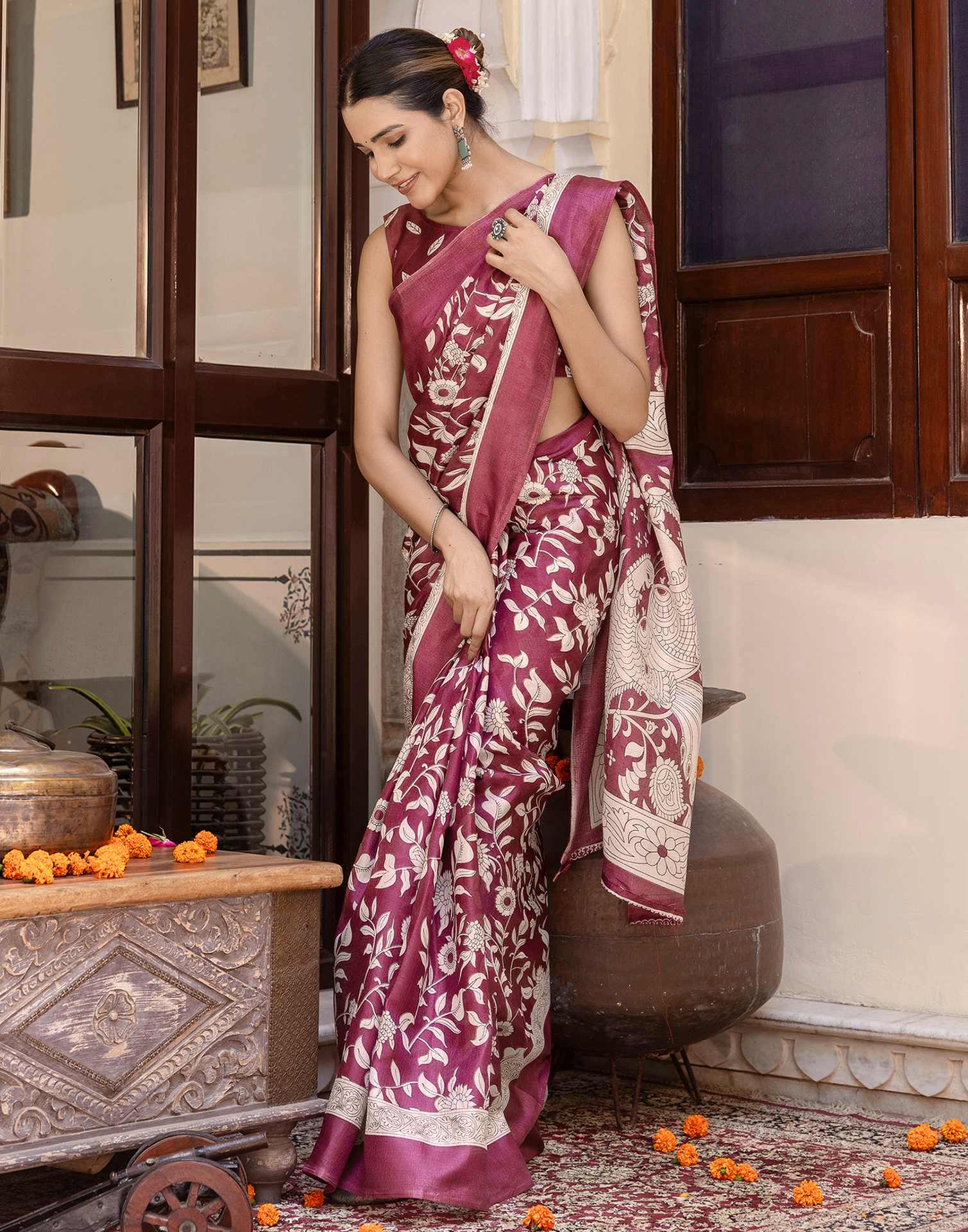 Wine Khadi Printed Saree