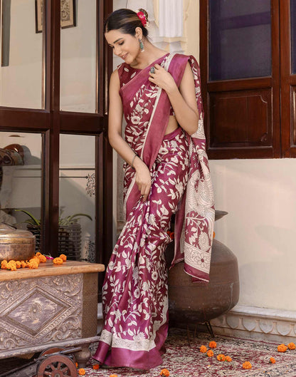 Wine Khadi Printed Saree