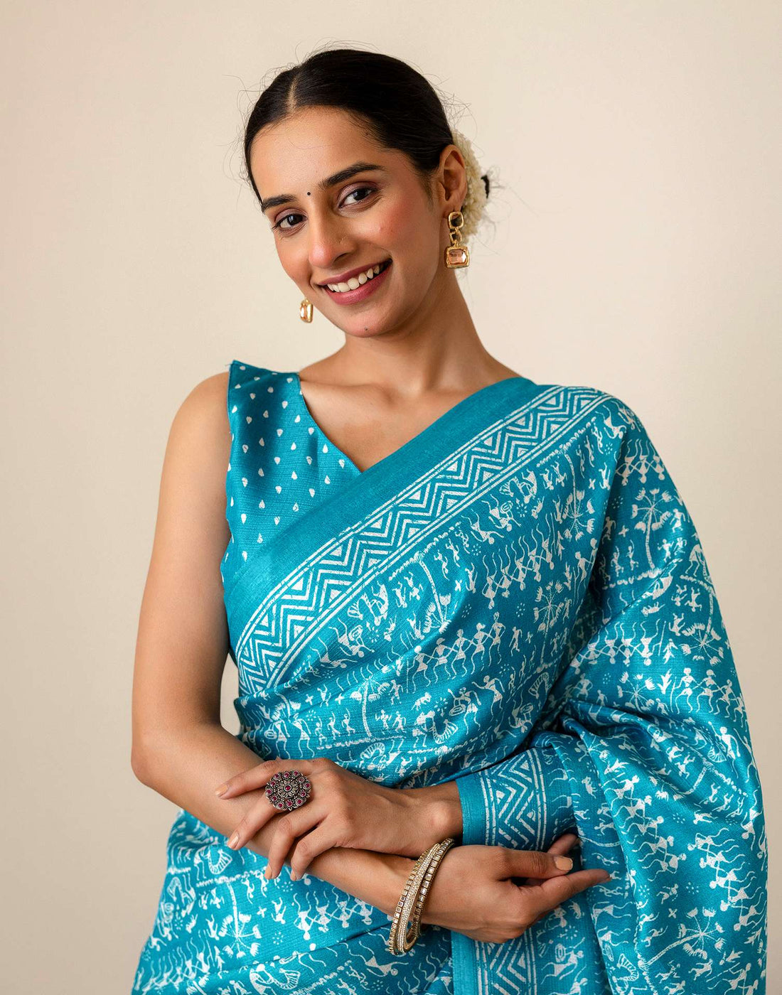 Teal Blue Khadi Printed Saree