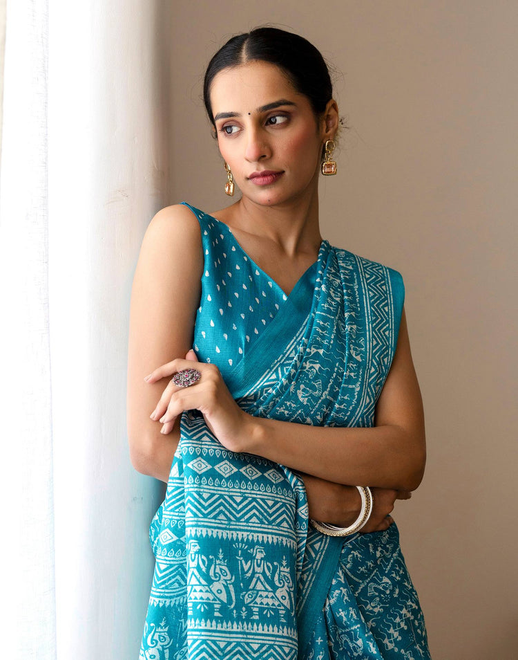 Teal Blue Khadi Printed Saree