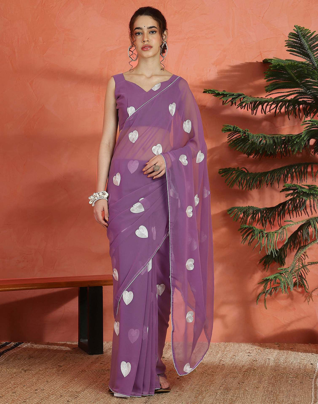 Dusty Purple Georgette Embroidery Saree