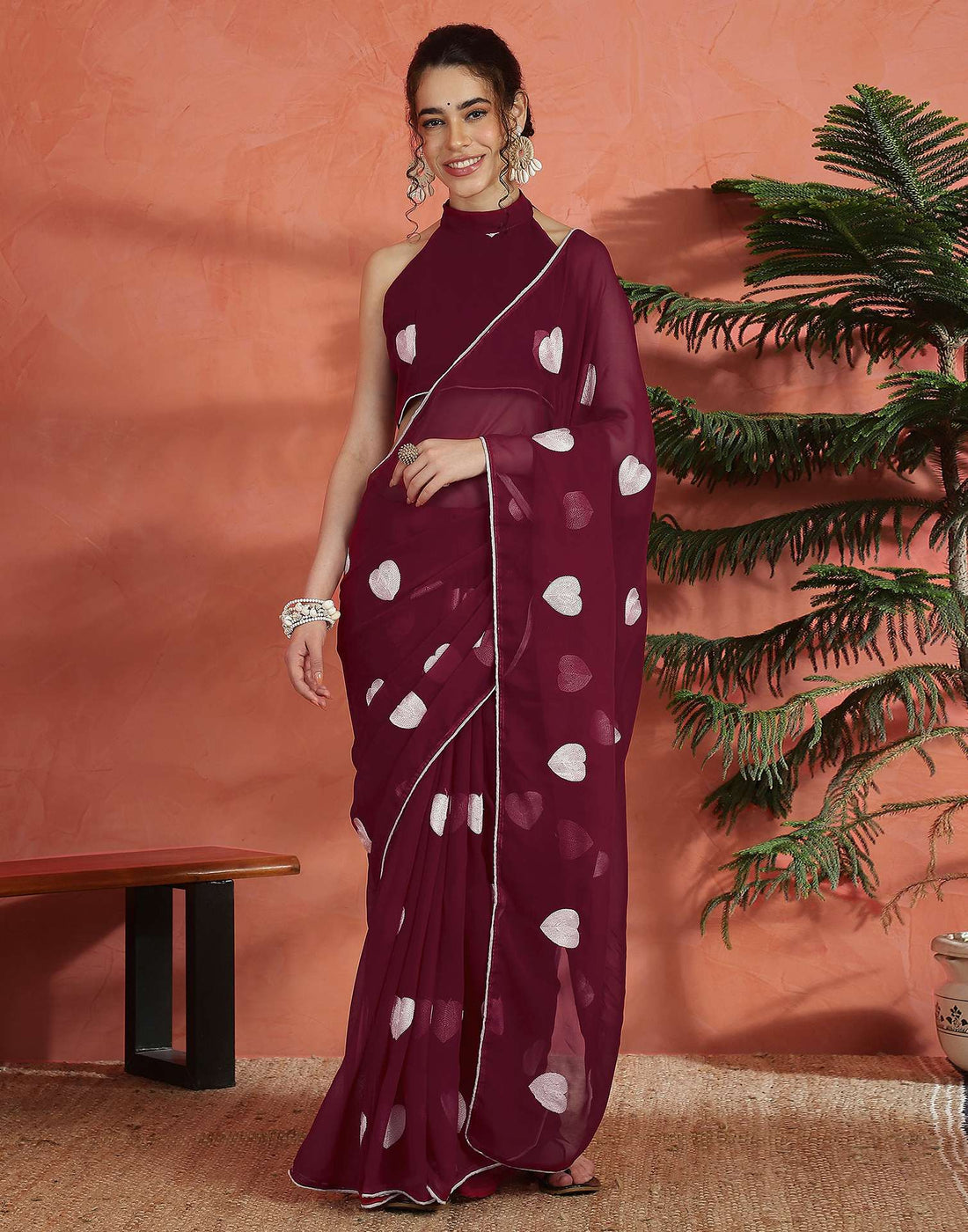 Wine Georgette Embroidery Saree