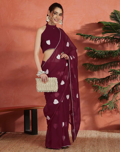 Wine Georgette Embroidery Saree
