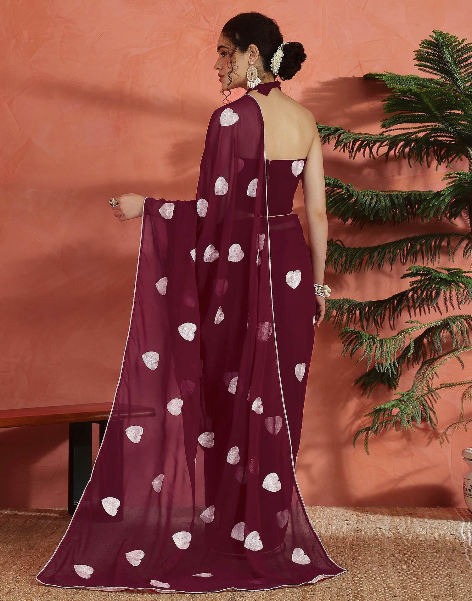 Wine Georgette Embroidery Saree