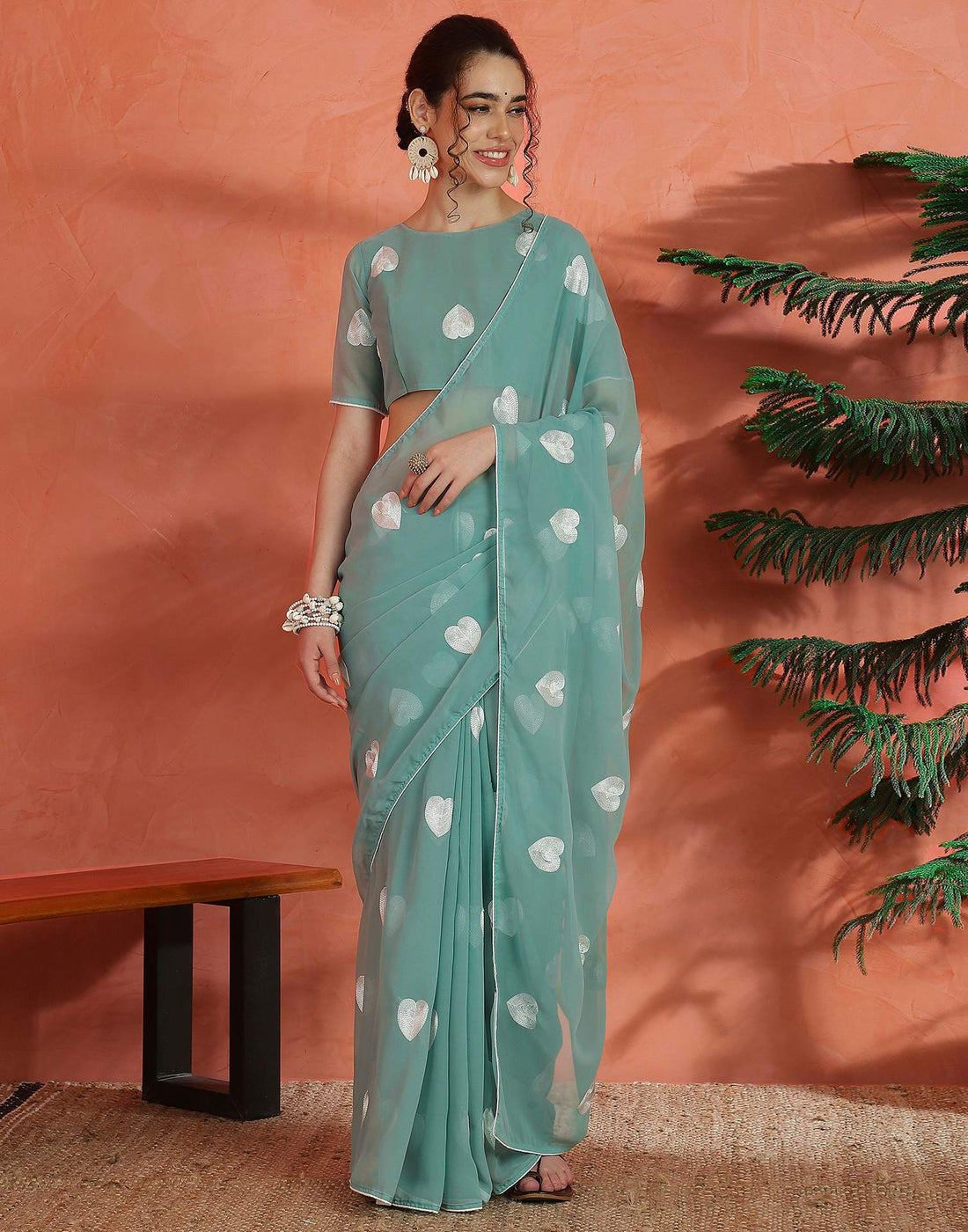 Mint Green Georgette Embroidery Saree