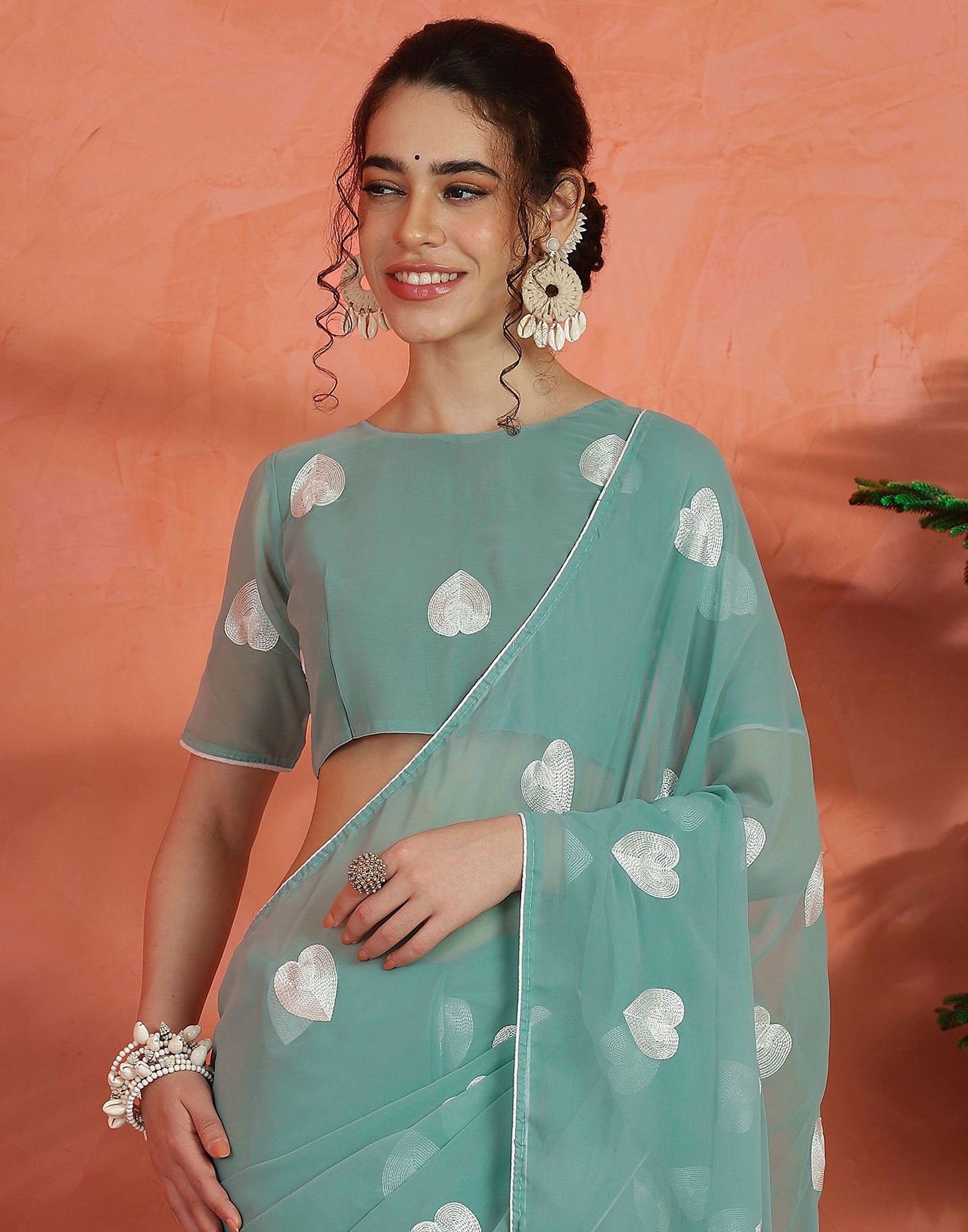 Mint Green Georgette Embroidery Saree