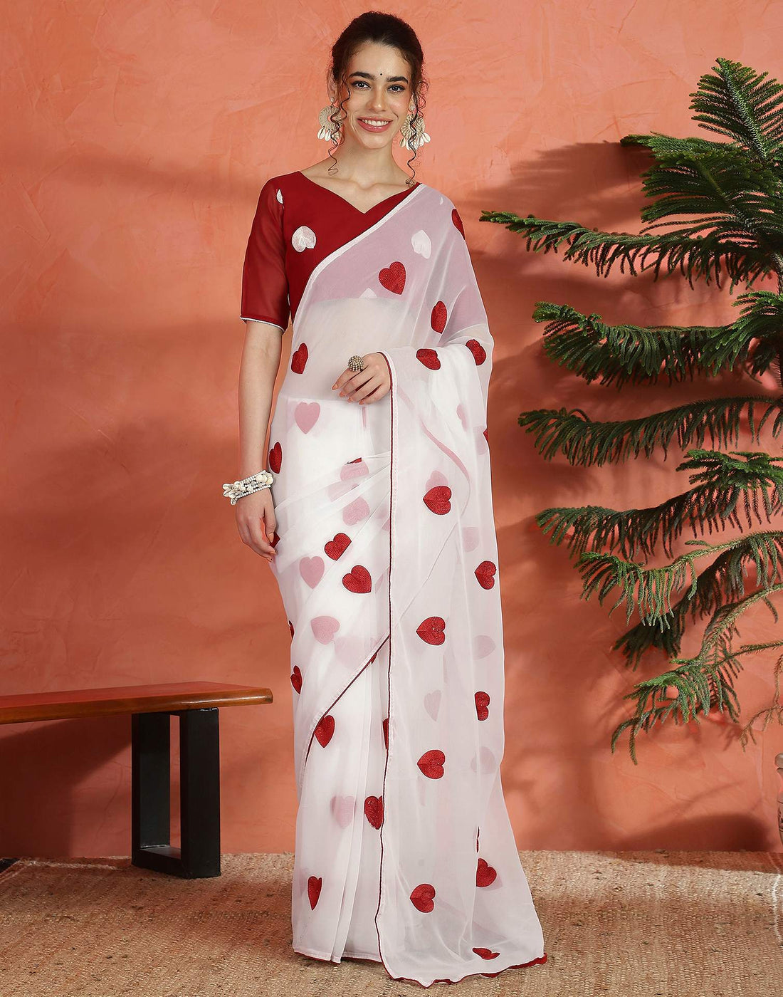 White Georgette Embroidery Saree