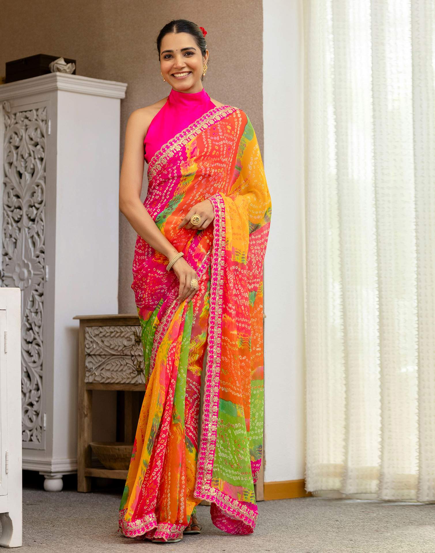 Green Georgette Printed Bandhani Saree