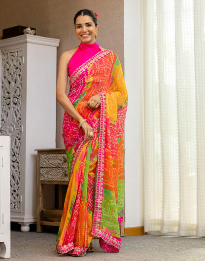 Green Georgette Printed Bandhani Saree