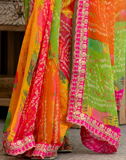 Green Georgette Printed Bandhani Saree