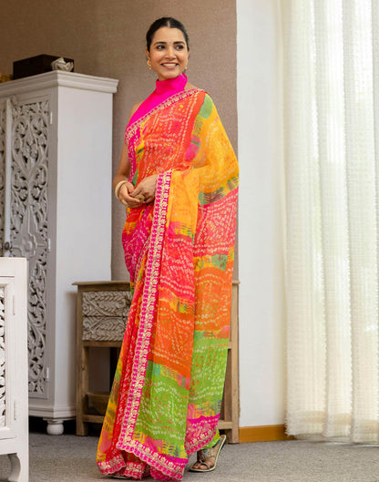 Green Georgette Printed Bandhani Saree