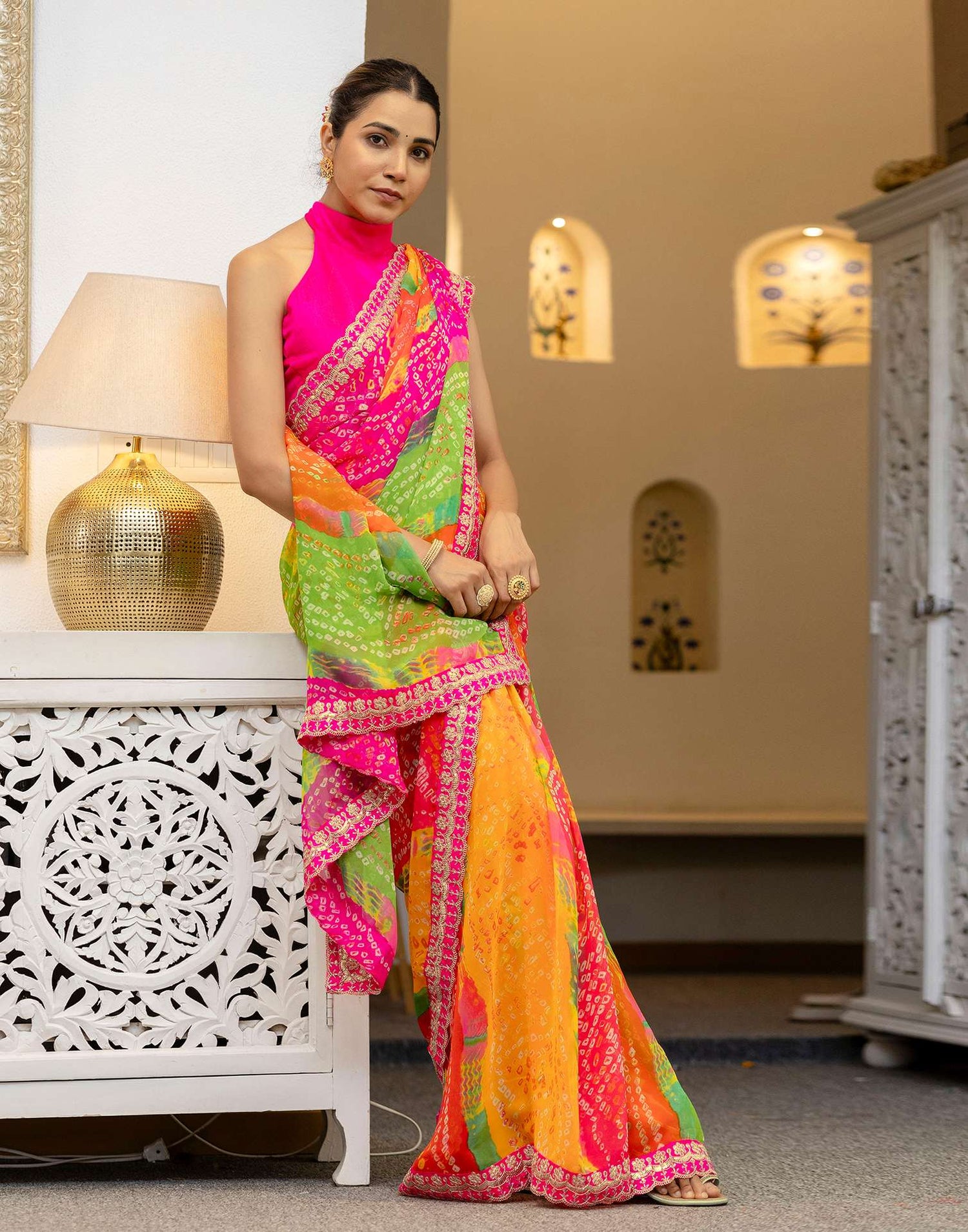 Green Georgette Printed Bandhani Saree