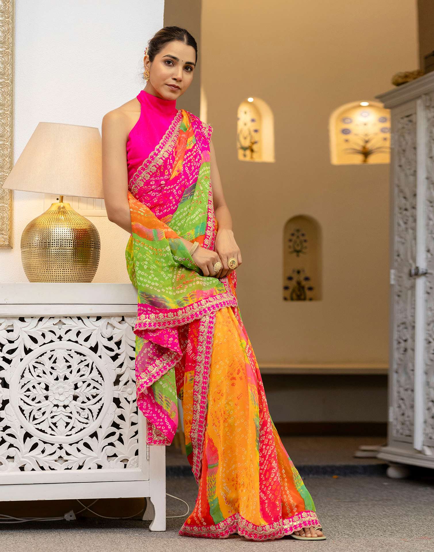 Green Georgette Printed Bandhani Saree