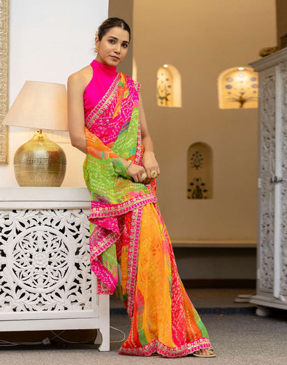 Green Georgette Printed Bandhani Saree