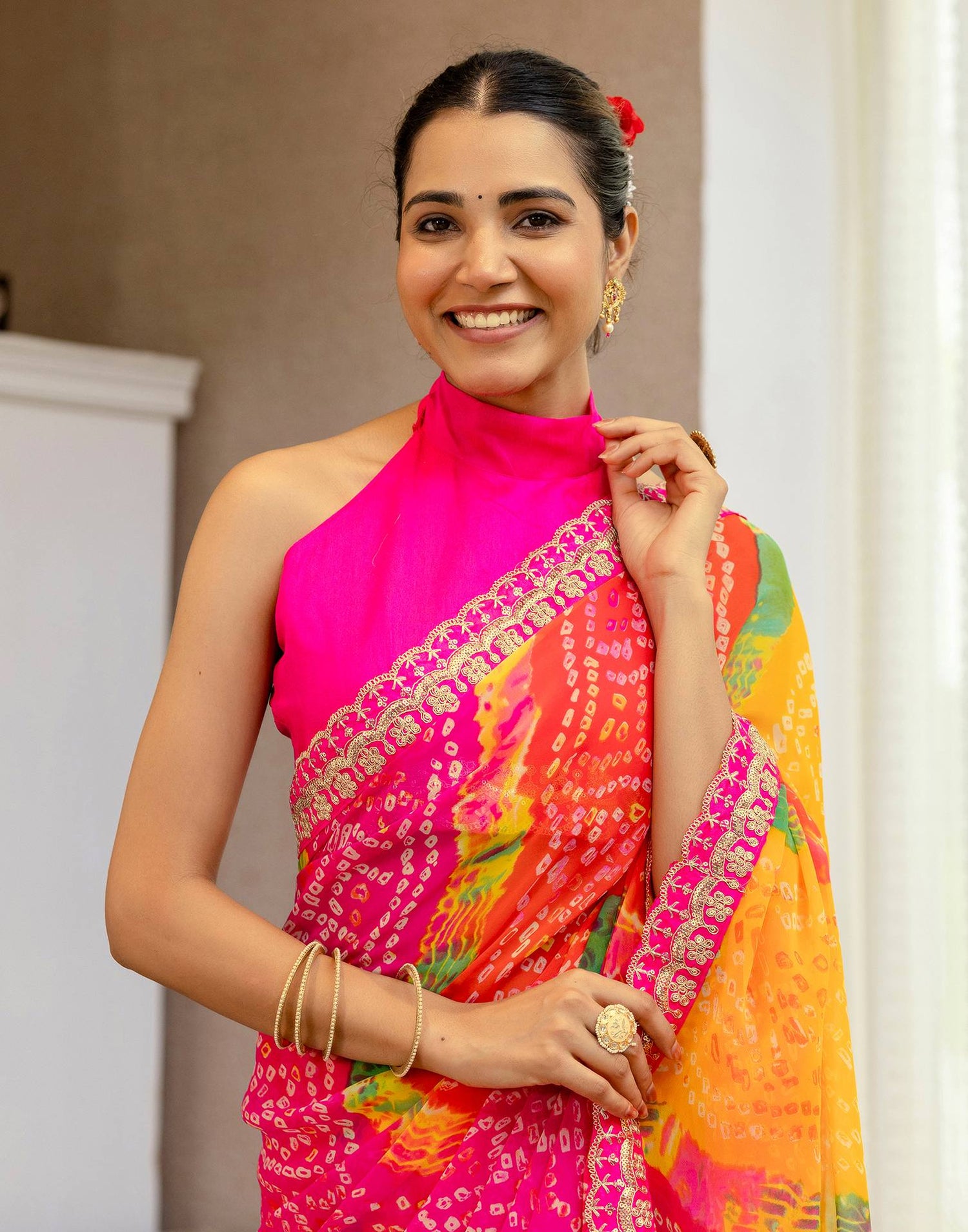 Green Georgette Printed Bandhani Saree