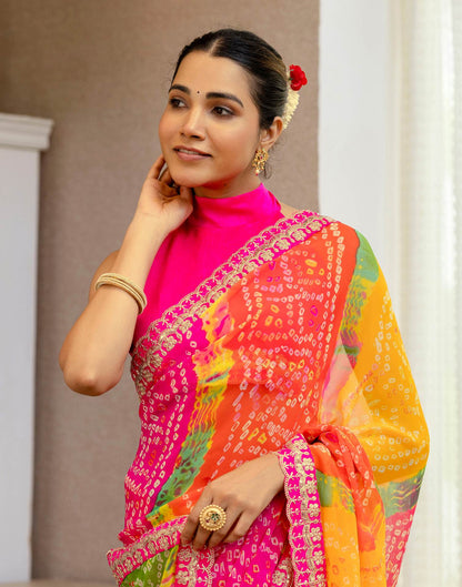 Green Georgette Printed Bandhani Saree