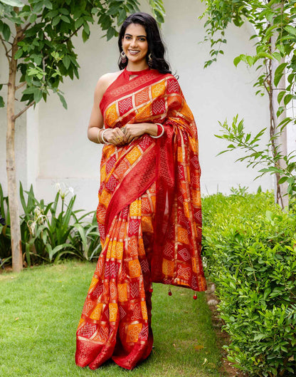 Red Chanderi Printed Bandhani Saree