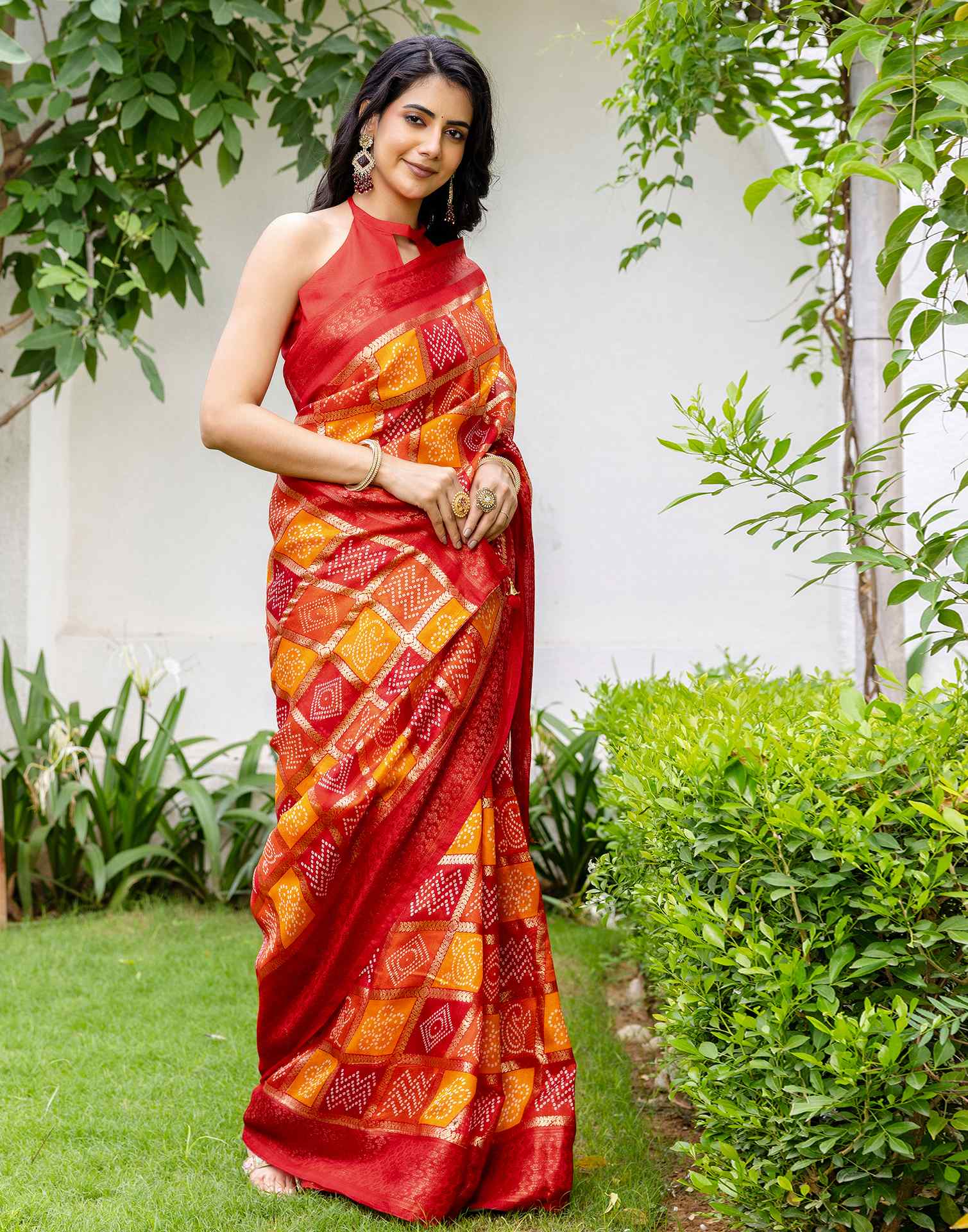 Red Chanderi Printed Bandhani Saree